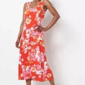 Susan Graver Sleeveless Midi Dress PXL Square Neck Coral Bloom Fit & Flare NWOT
